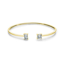 Load image into Gallery viewer, Gold Duo Diamond Cuff Bracelet with one square-cut and one rectangular zircon stone, diamond-inspired design on a polished open gold band. Elegant minimalist jewellery for women by MJ Luxe, versatile for everyday or special occasions.
