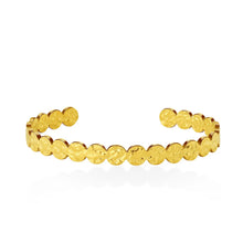 Load image into Gallery viewer, Minimalist hammered coin cuff bracelets in gold and silver, adjustable open cuff bangles with textured finish, everyday luxe jewellery.
