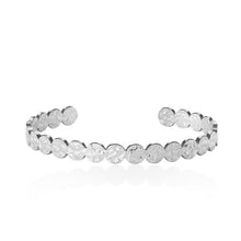 Load image into Gallery viewer, Stackable hammered coin cuff bracelet set in gold and silver, modern minimalist jewellery by MJ Luxe, designed for layering or solo wear.
