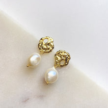 Load image into Gallery viewer, 18K gold plated sterling silver earrings with a round textured disc and pearls
