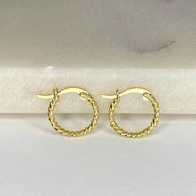 Load image into Gallery viewer, 18K gold plated sterling silver huggie earrings, rope twist, marble backdrop
