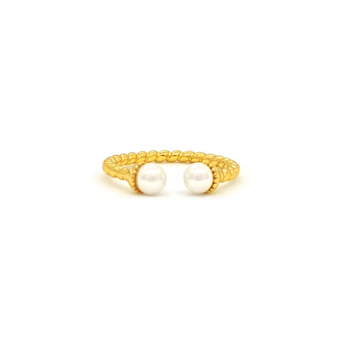 18K gold plated sterling silver open double pearl ring with rope twist band